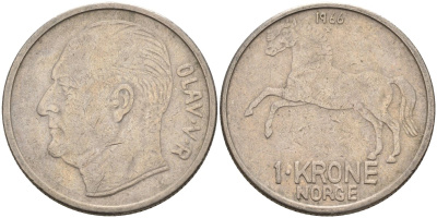 Норвегия 1 крона 1966 лошадь, Улаф V (1958-1991) KM 409 медно-никель 4571-211