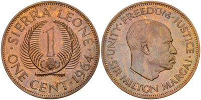 Сьерра-Леоне 1 цент 1964 Милтон Маргаи KM 17 бронза PROOF 4604-811