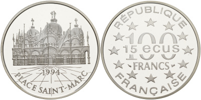 Франция 100 франков - 15 экю 1994 серия архитектурные монументы европы (Собор Святого Марка в Венеции), в коробке с сертификатом KM 1068 серебро  PROOF  5-6-1-37