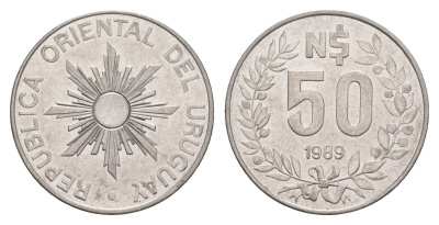 Уругвай 50 песо 1989 KM 94 нержавеющая сталь 4629-1045