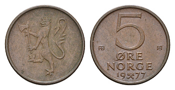 Норвегия 5 эре 1977 Улаф V (1958-1991) KM 415 бронза 3458-1135