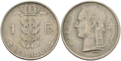 БЕЛЬГИЯ 1 ФРАНК 1969 BELGIQUE KM 142.1 медно-никель 4546-456