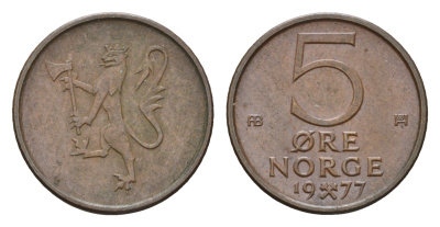 Норвегия 5 эре 1977 Улаф V (1958-1991) KM 415 бронза 3458-1135