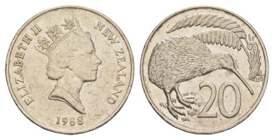 Новая Зеландия 20 центов 1988 Елизавета II (1952-2022), птичка киви KM 62 медно-никель 86-1534