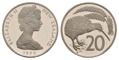 Новая Зеландия 20 центов 1979 Елизавета II (1952-2022), птичка киви KM 36.1 медно-никель PROOF 650-825