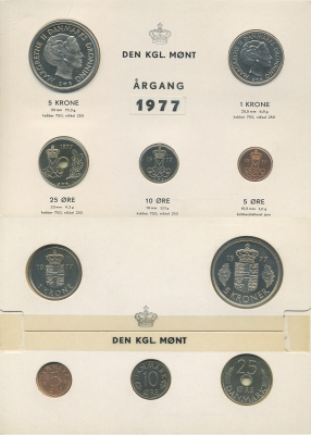 Дания набор из 5 монет 1977 официальный годовой набор мондвора, в оригинальном буклете KM 859.1, 860.1, 861.1, 862.1, 863.1 UNC 1-6-4-11