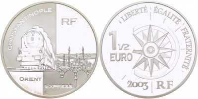 Франция 1 1/2 евро 2004 СЕРИЯ ТРАНСПОРТ, ВОСТОЧНЫЙ ЭКСПРЕСС, КОНСТАНТИНОПОЛЬ, ПАРОВОЗ, ТРАНС-СИБИРСКАЯ ЖЕЛЕЗНАЯ ДОРОГА KM 1380 серебро PROOF 02-226-43