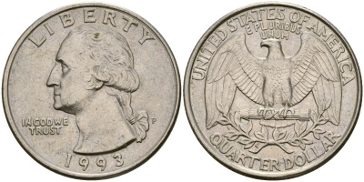 США 25 центов (квотер) 1993 P, Вашингтон KM А164а медь плакированная медно-никелем 183-243