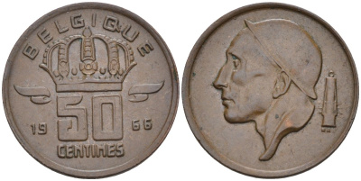 Бельгия 50 сантимов 1966 BELGIQUE KM 148 бронза 4594-356