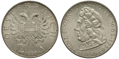 Австрия 2 шиллинга 1936 200 лет со дня смерти принца Евгения Савойского KM 2858 серебро 413-5134