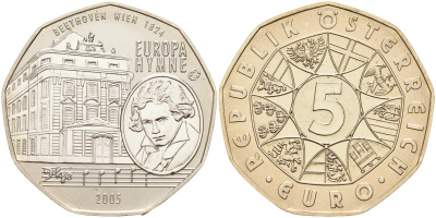 Австрия 5 евро 2005 10 лет вступления Австрии в ЕС, Бетховен, гимн ЕС KM 3120 серебро UNC 06-281-33