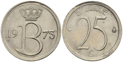 БЕЛЬГИЯ 25 САНТИМОВ 1975 BELGIQUE KM 153.1 медно-никель 4528-1028
