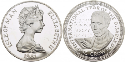 Остров Мэн 1 крона 1981 международный год инвалидов, Луи Брайль КМ 77a серебро PROOF 1081-9-11