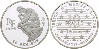 Франция 10 франков = 1 1/2 евро 1996 серия сокровища музеев Европы, “Мыслитель” Огюста Родена KM 1124 серебро PROOF 1068-4-53