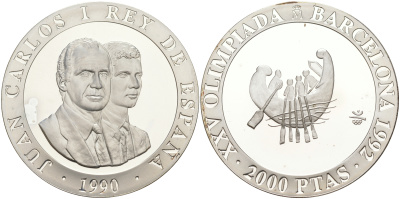 Испания 2000 песет 1990 XXV летние Олимпийские игры 1992 года в Барселоне, древняя лодка KM 865 серебро PROOF 1072-8-41