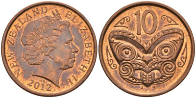 Новая Зеландия 10 центов 2012 маска Маори, Елизавета II (1952-) KM 117а сталь плакированная медью 68-315