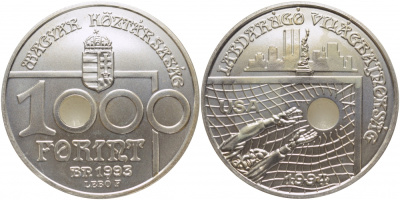 Венгрия 1000 форинтов 1993 ВР, чемпионат мира по футболу В США KM 706 серебро UNC 05-095-21