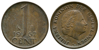 НИДЕРЛАНДЫ 1 ЦЕНТ 1967 ЮЛИАНА KM 180 бронза 75-866