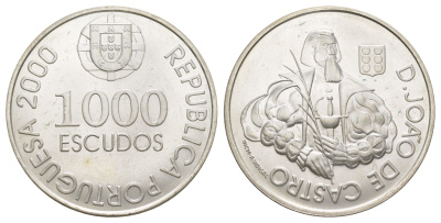 Португалия 1000 эскудо 2000 500 лет со дня рождения Жуана де Каштру KM 732 серебро BU 1088-3-12