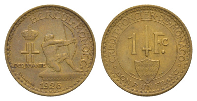 Монако 1 франк 1926 год-тип KM 114 алюминиевая бронза aUNC 5010-843