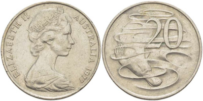 АВСТРАЛИЯ 20 ЦЕНТОВ 1977 ЕЛИЗАВЕТА II (1953-), УТКОНОС KM 66 медно-никель 4521-132