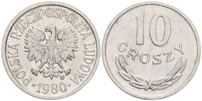 ПОЛЬША 10 ГРОШЕЙ 1980 MW KM АА47 алюминий 4528-236