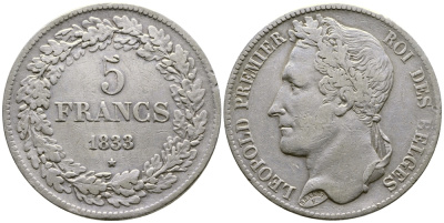 Бельгия 5 франков 1833 Леопольд I (1831-1865), в венке KM 3.1 серебро 74-823
