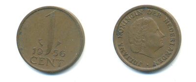 НИДЕРЛАНДЫ 1 ЦЕНТ 1956 ЮЛИАНА KM 180 бронза 83-924