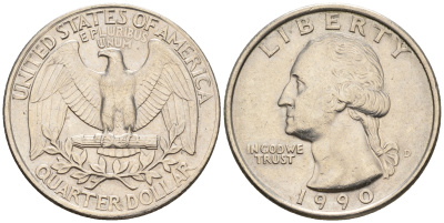 США 25 центов = квотер 1990 D, Вашингтон KM A164a медь плакированная медно-никелем 259-1015