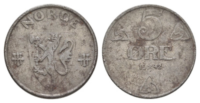 Норвегия 5 эре 1942 Хокон VII (1905-1957) KM 388 железо 4635-536