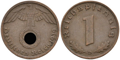 Германия 1 рейхспфенниг 1939 D KM 89, J 361 бронза 4136-1151