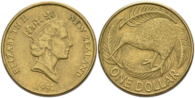 Новая Зеландия 1 доллар 1991 Елизавета II (1952-2022), птица киви KM 78 алюминиевая бронза 29-544