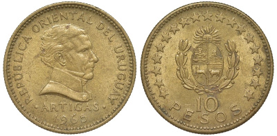 Уругвай 10 песо 1965 KM 48 алюминиевая бронза 81-1032