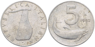 ИТАЛИЯ 5 ЛИР 1952 R, ДЕЛЬФИН, РУЛЬ KM 92 алюминий 4551-112