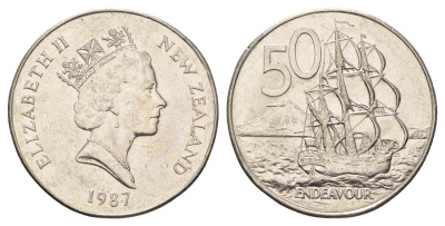 Новая Зеландия 50 центов 1987 Елизавета II (1952-2022), парусник Индевор KM 63 медно-никель 4672-322