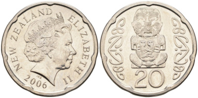 Новая Зеландия 20 центов 2006 Елизавета II (1952-2022), идол Пукаки KM 118а никелированная сталь 4579-1121