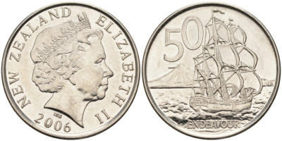 Новая Зеландия 50 центов 2006 Елизавета II (1952-2022), парусник Индевор KM 119а никелированная сталь 4579-1035