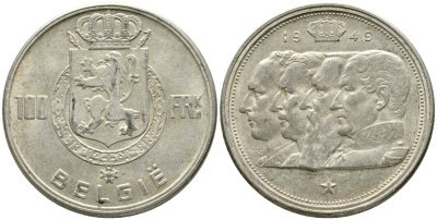 Бельгия 100 франков 1949 Belgie, королевская династия KM 139.1 серебро 1526-1322