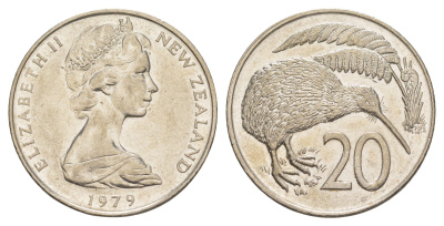 Новая Зеландия 20 центов 1979 Елизавета II (1952-2022), птичка киви KM 36 медно-никель 87-1011