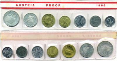 АВСТРИЯ НАБОР ИЗ 7 МОНЕТ 1966 ОФИЦИАЛЬНЫЙ НАБОР В ЦЕЛОФАНЕ KM PS8, 2875-2876, 2878, 2882, 2885-2886, 2889 PROOF 4400-811