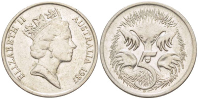 АВСТРАЛИЯ 5 ЦЕНТОВ 1987 ЕЛИЗАВЕТА II, ВТОРОЙ ПОРТРЕТ В КОРОНЕ, ЕХИДНА KM 80 медно-никель 4516-666