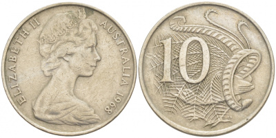 Австралия 10 центов 1968 Елизавета II (1952-), птица лирахвост KM 65 медно-никель 3457-636