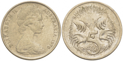 АВСТРАЛИЯ 5 ЦЕНТОВ 1970 ЕЛИЗАВЕТА II, МОЛОДОЙ ПОРТРЕТ, ЕХИДНА KM 64 медно-никель 3851-1124