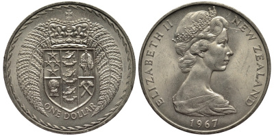 Новая Зеландия 1 доллар 1967 переход на десятичную систему, Елизавета II (1952-2022) KM 38.1 медно-никель 4537-111