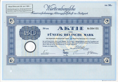 ФРГ 50 марок 1974 Акционерное общество по страхованию от пожаров Вюртемберга, акция   бумага   8803-80-1