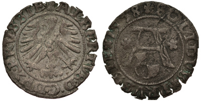 Бранденбург-Пруссия 1 шиллинг 1558 Альбрехт (1526-1568), вес 0,98 гр. серебро 1516-244