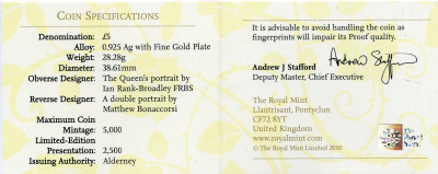 Олдерни 5 фунтов 2010 помолвка принца Уильяма и Кейт Миддлтон, в оригинальной коробке, с сертификатом, проба 925, позолота, тираж 5000 экз. KM 211a серебро PROOF 3-4-4-32