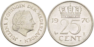 НИДЕРЛАНДЫ 25 ЦЕНТОВ 1976 ЮЛИАНА (1948-1980) KM 183 никель 214-1113