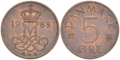 Дания 5 эре 1985 Маргрете II (1972- ) KM 859 бронза 4580-269