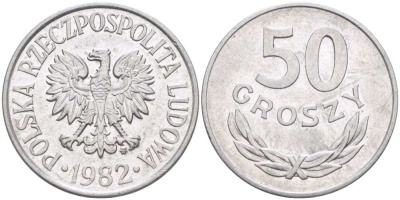 ПОЛЬША 50 ГРОШЕЙ 1982 MW KM 48.1, Parchimowicz 210o алюминий 4514-517